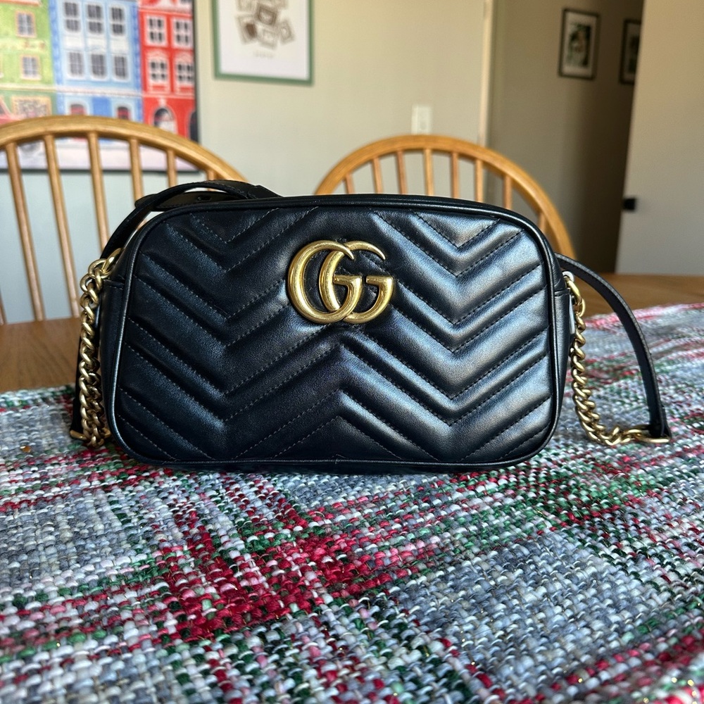 Gucci Discontinued Marmont Black Chevron Crossbody Bag with Gold Accents